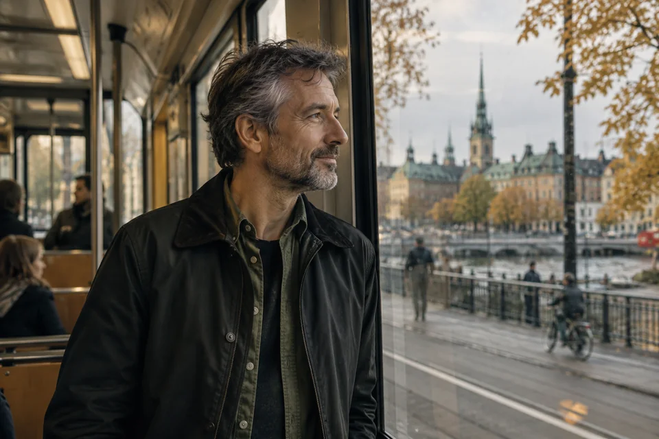 Illustrativ bild av en man som blickar ut över en stad från ett spårvagnsfönster